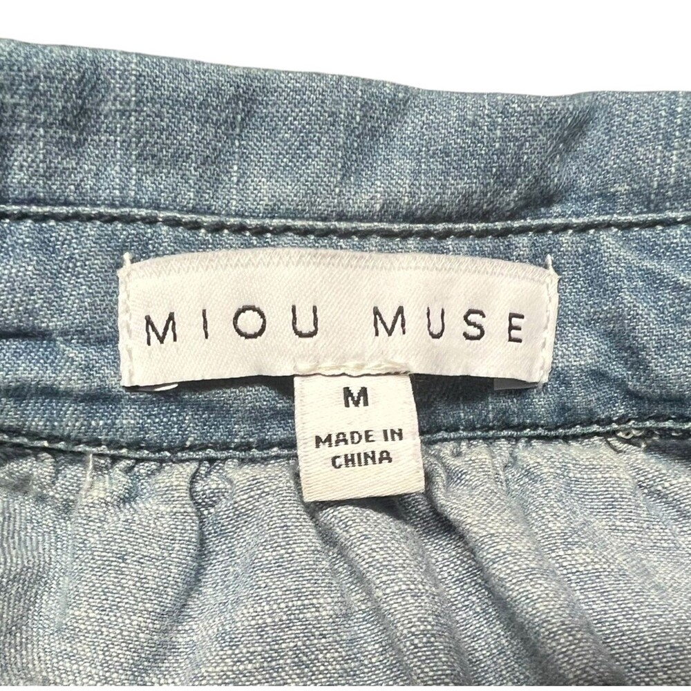 Miou Muse Light Denim Babydoll Dress Cuff Sleeve Tiered Back Button Front Large - Picture 5 of 13